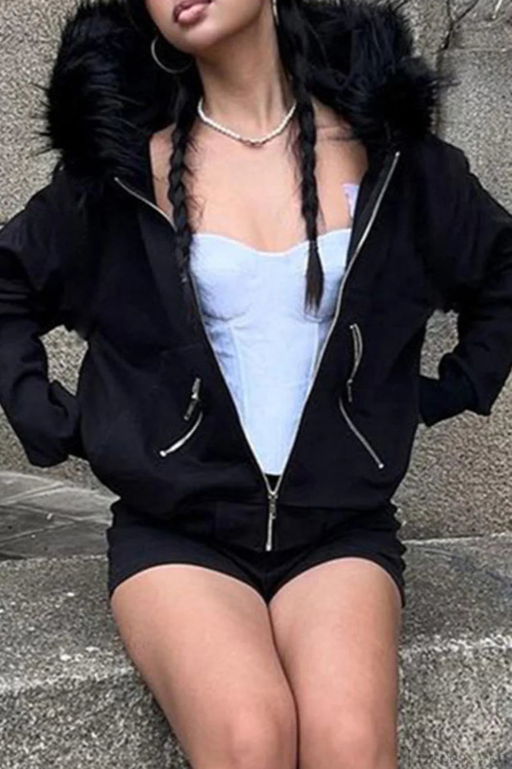 Oversized Furry Hooded Hoodie Black / S