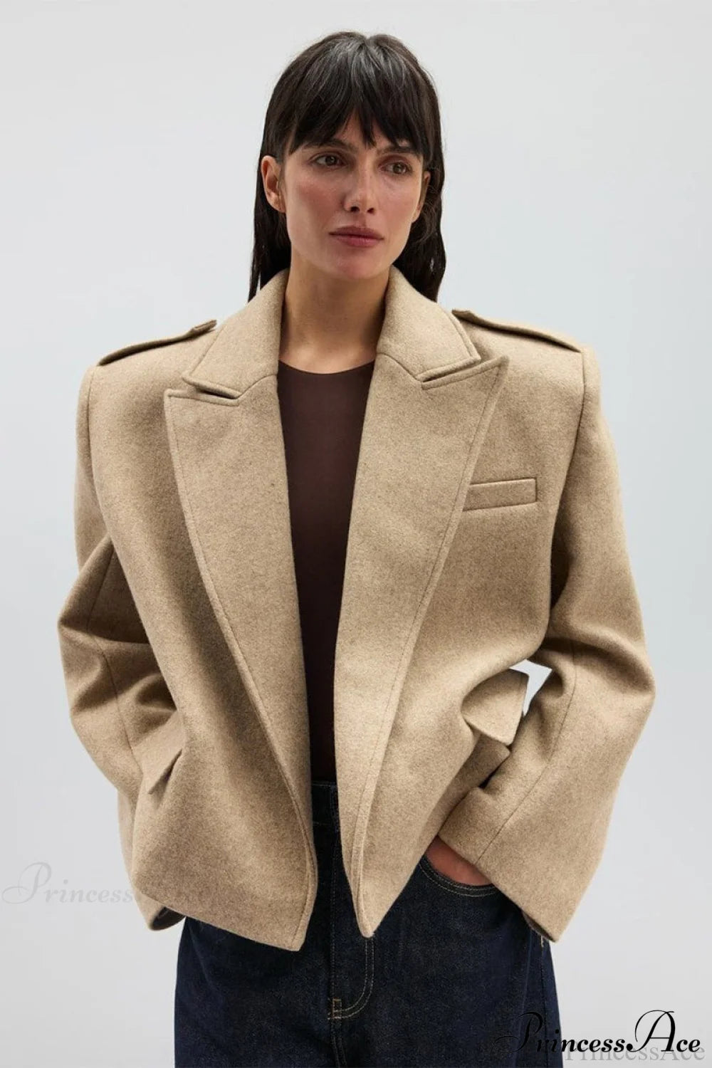 Oversized Notch Lapel Epaulette Woolen Blazer