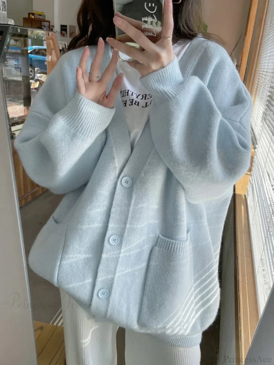Oversized Preppy V-Neck Knitted Knit Cardigan Milk blue / One Size cardiagn-250126