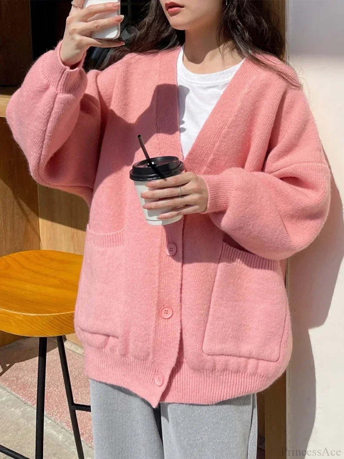 Oversized Preppy V-Neck Knitted Knit Cardigan Pink / One Size cardiagn-250126