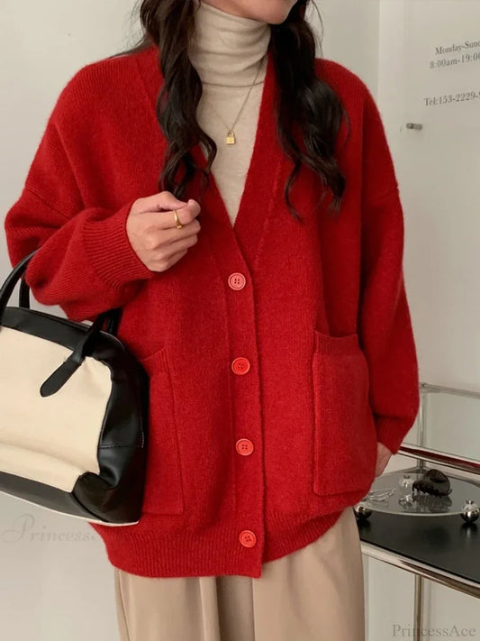 Oversized Preppy V-Neck Knitted Knit Cardigan Red / One Size cardiagn-250126