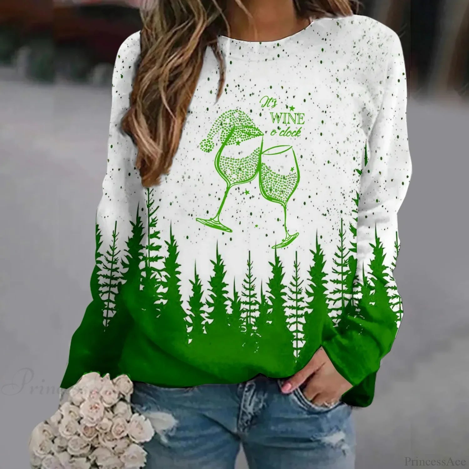 Oversized Print Crew Neck Soft Long Sleeve Casual Loose Y2K Winter Christmas Hoodie Green-1 / S