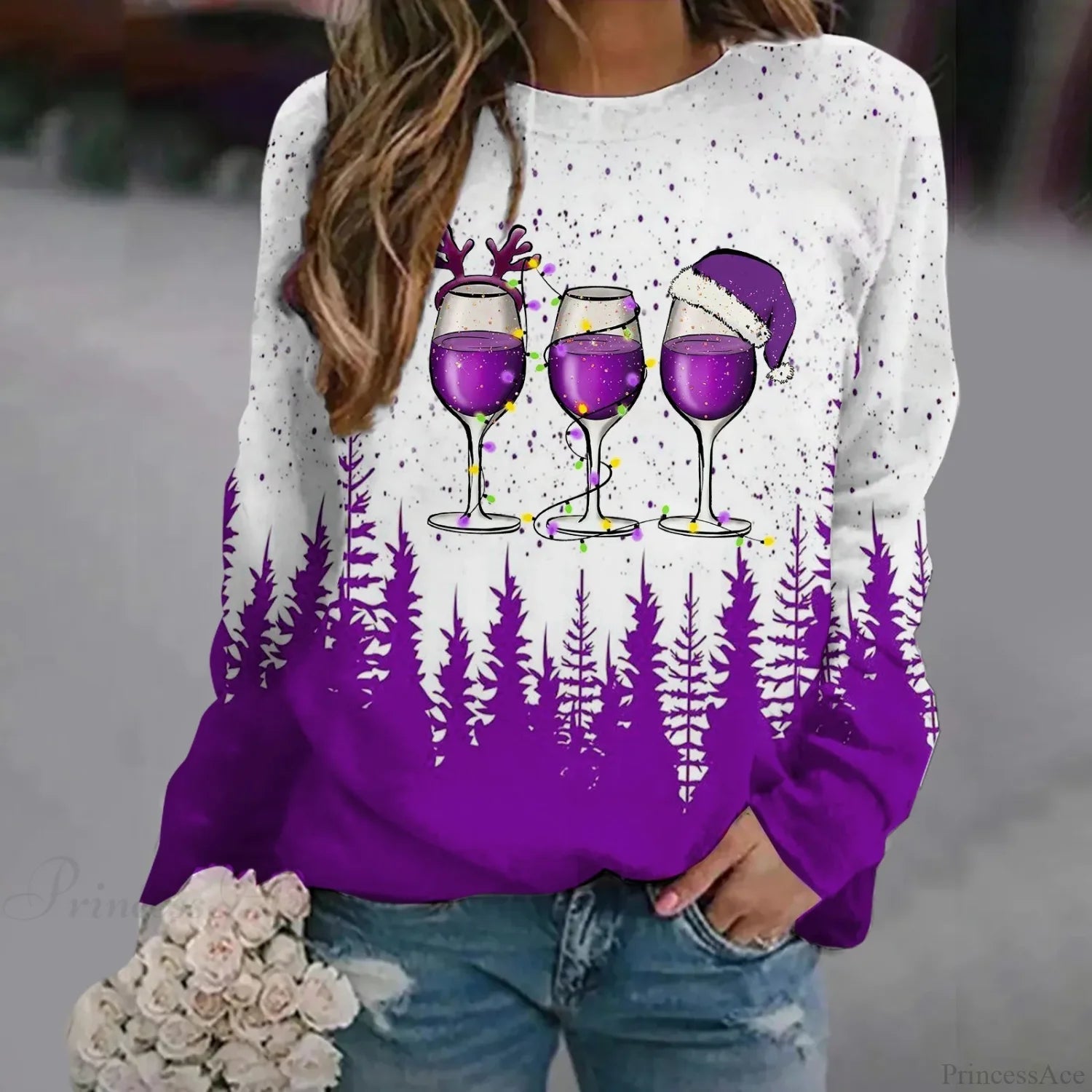Oversized Print Crew Neck Soft Long Sleeve Casual Loose Y2K Winter Christmas Hoodie Hoodies-L