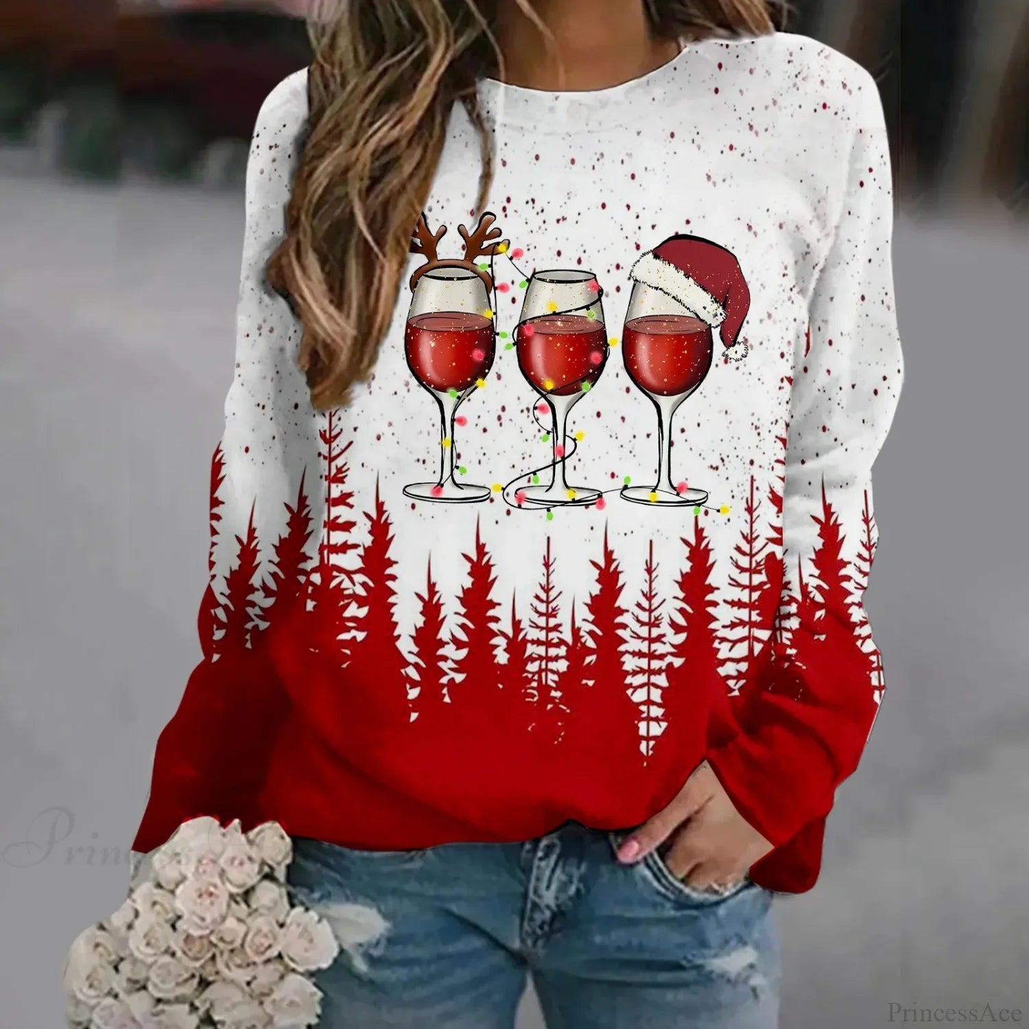 Oversized Print Crew Neck Soft Long Sleeve Casual Loose Y2K Winter Christmas Hoodie Red-1 / S