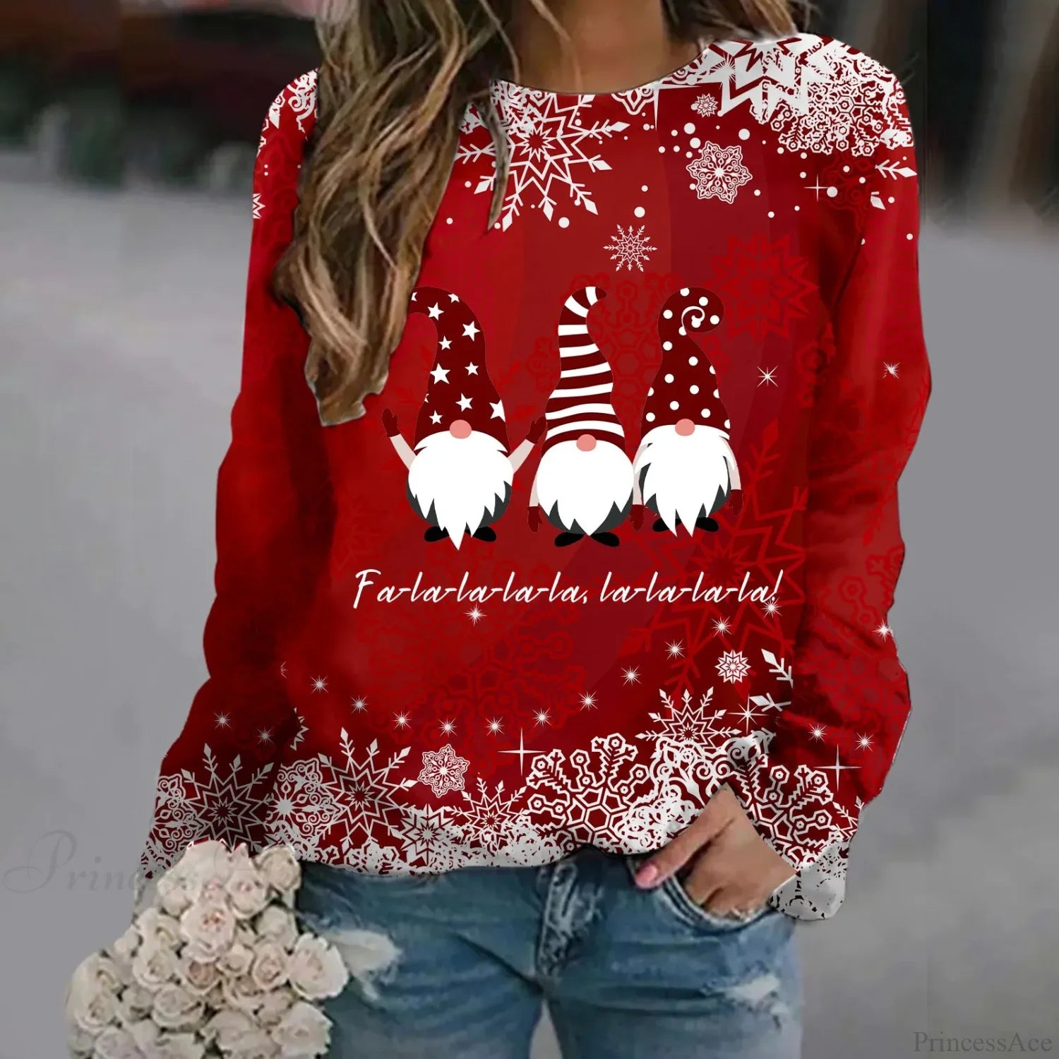 Oversized Print Crew Neck Soft Long Sleeve Casual Loose Y2K Winter Christmas Hoodie Red-3 / S