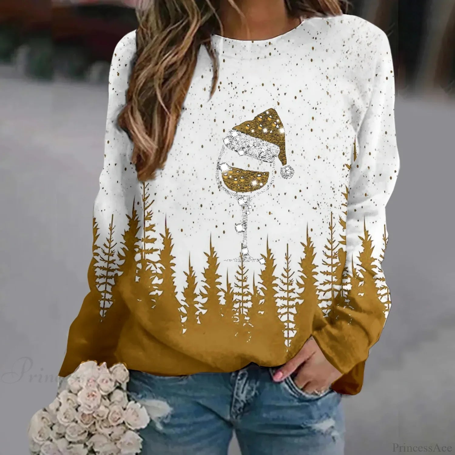 Oversized Print Crew Neck Soft Long Sleeve Casual Loose Y2K Winter Christmas Hoodie Yellow-1 / S
