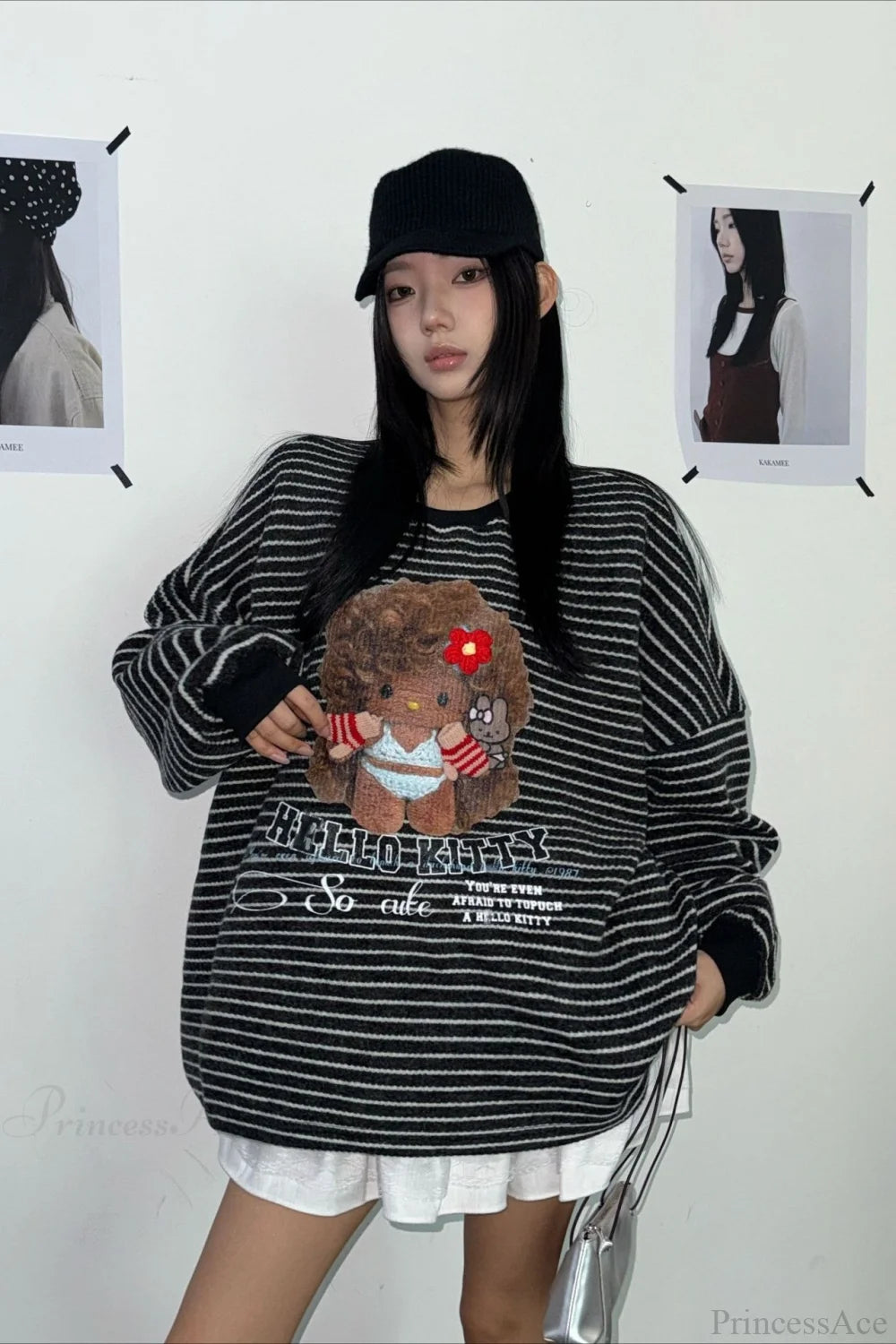 Oversized Striped Exploding Afro Hello Kitty Print Sweatshirt