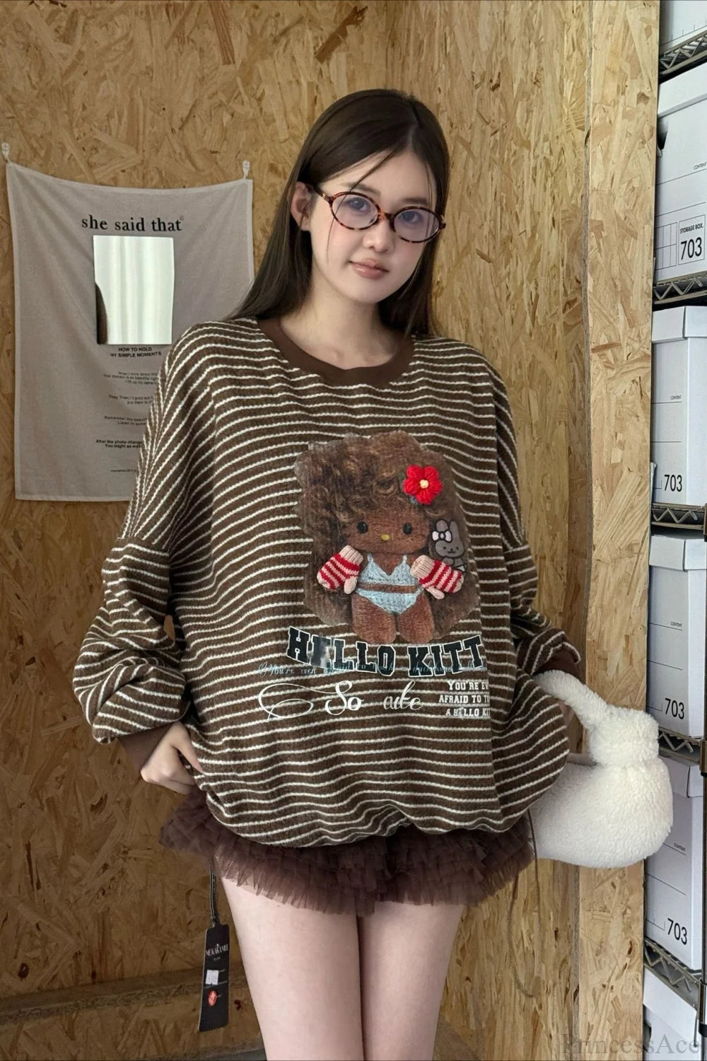 Oversized Striped Exploding Afro Hello Kitty Print Sweatshirt Brown / One Size