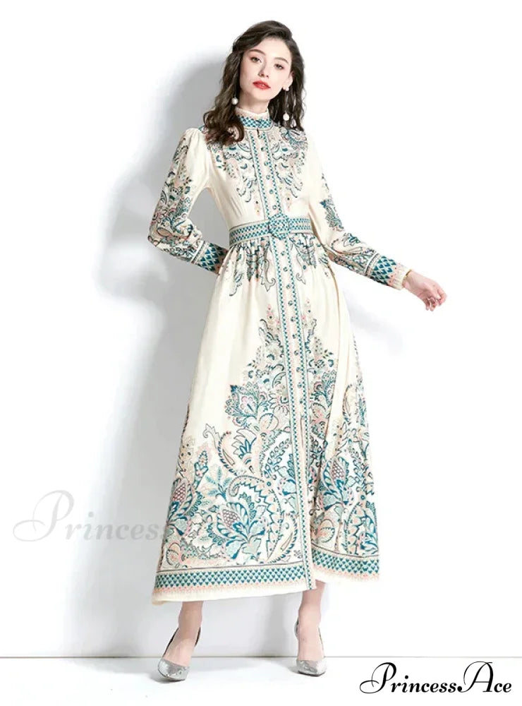 Palace Lantern Sleeve Printed Dress M / Green