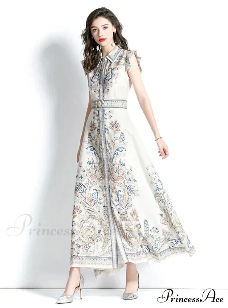 Palace Style Sleeveless Print Long Dress With Lapel L / Black