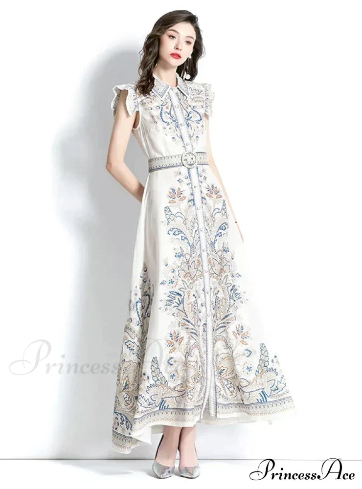 Palace Style Sleeveless Print Long Dress With Lapel L / Green