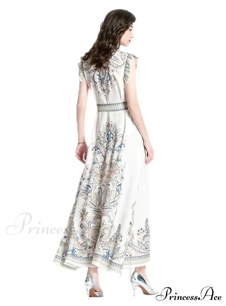 Palace Style Sleeveless Print Long Dress With Lapel L / White