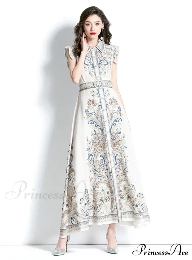 Palace Style Sleeveless Print Long Dress With Lapel L / Yellow