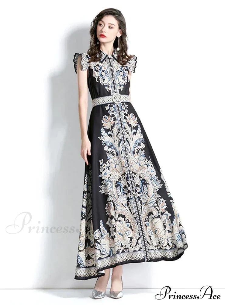 Palace Style Sleeveless Print Long Dress With Lapel M / Black