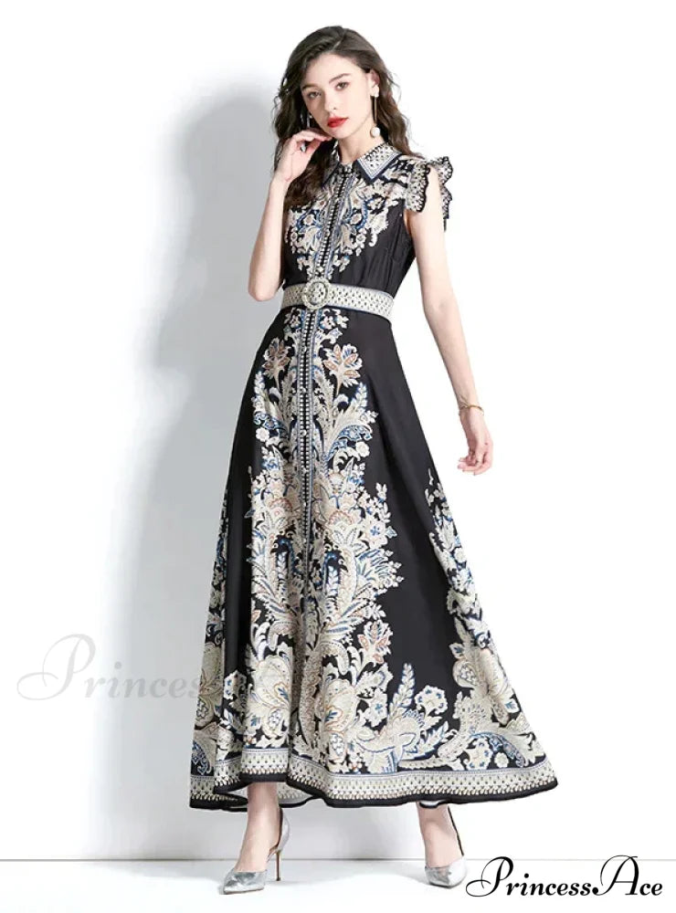 Palace Style Sleeveless Print Long Dress With Lapel M / Green