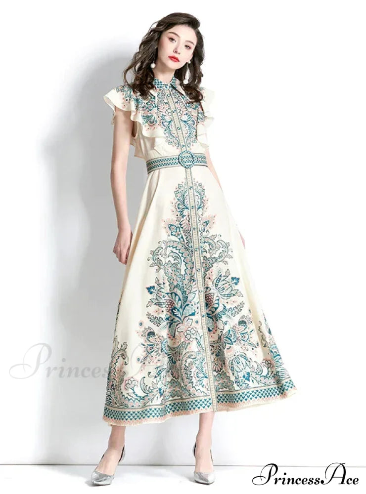 Palace Style Sleeveless Print Long Dress With Lapel M / Yellow
