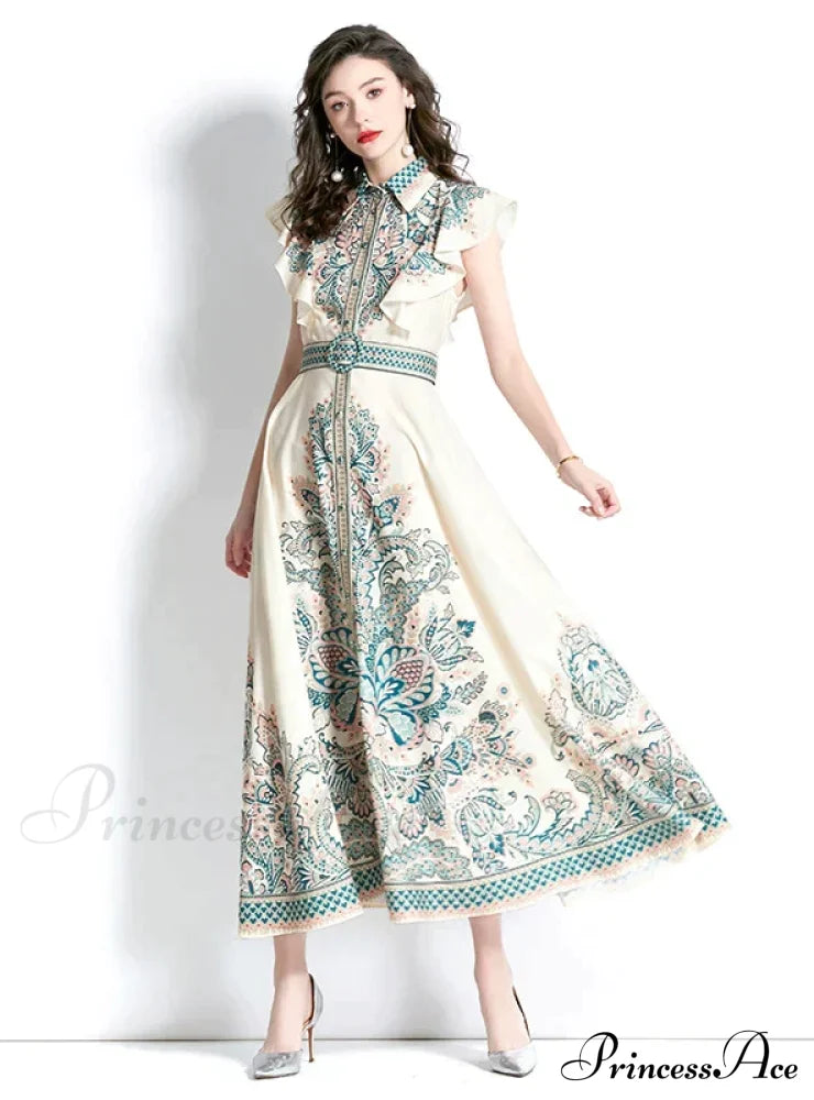 Palace Style Sleeveless Print Long Dress With Lapel S / Black