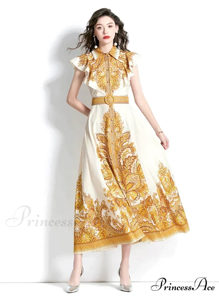 Palace Style Sleeveless Print Long Dress With Lapel S / Yellow