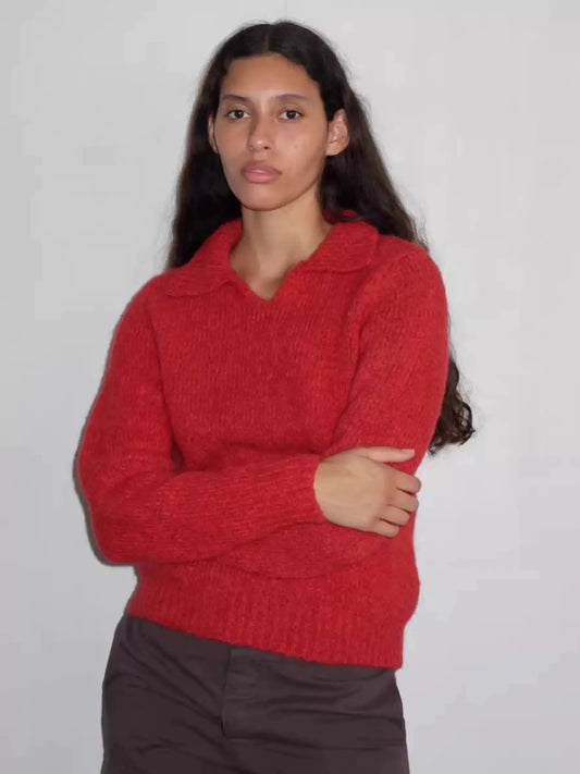 Red Wool Blend Knitted Crochet Letter Lapel Casual Christmas Sweater Sweaters-L