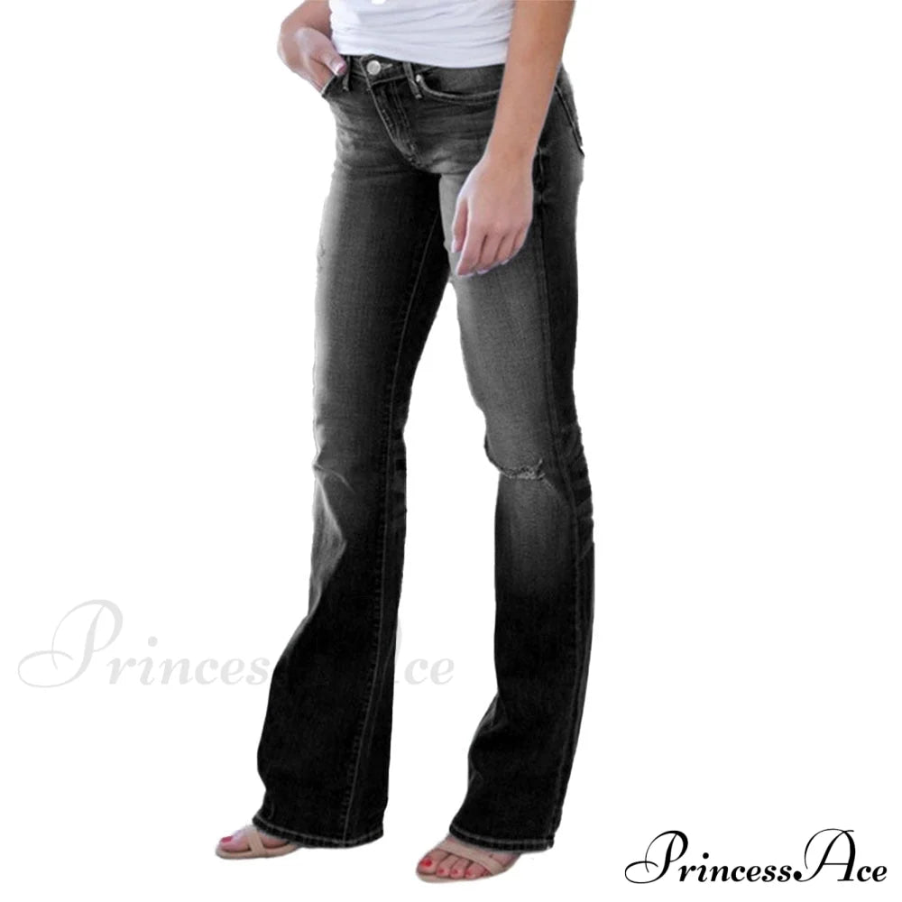 Pants Bottom Trousers Stretch Flared Jeans Bell Denim Women’s Fashion Low Rise Hole Black / Xs Cn