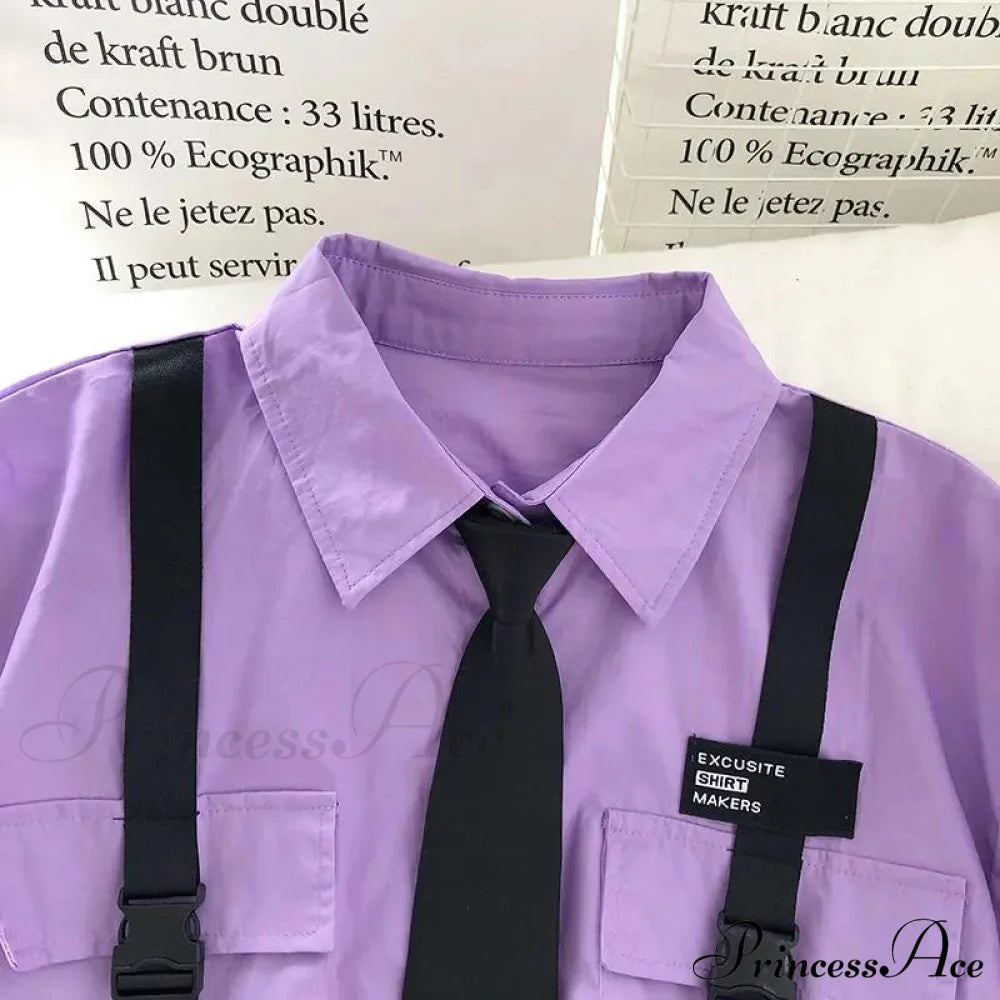 Pants Ribbon Autumn Blouse & Short-Sleeved High-Waist Streetwear Loose Cargo Straight Set