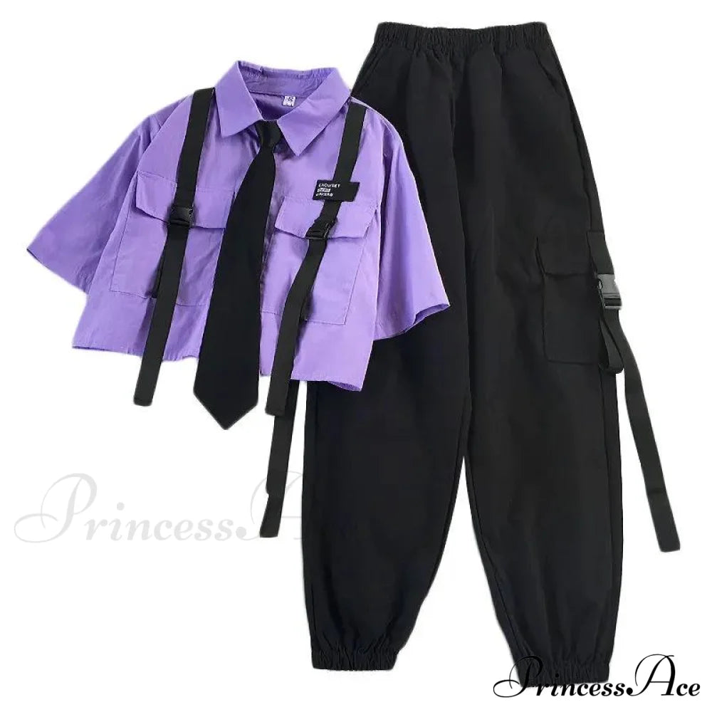 Pants Ribbon Autumn Blouse & Short-Sleeved High-Waist Streetwear Loose Cargo Straight Set