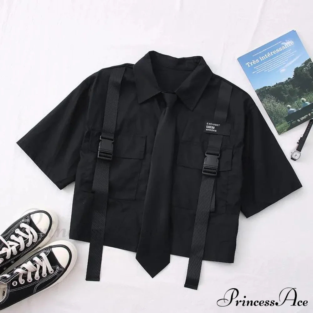 Pants Ribbon Autumn Blouse & Short-Sleeved High-Waist Streetwear Loose Cargo Straight Set Black