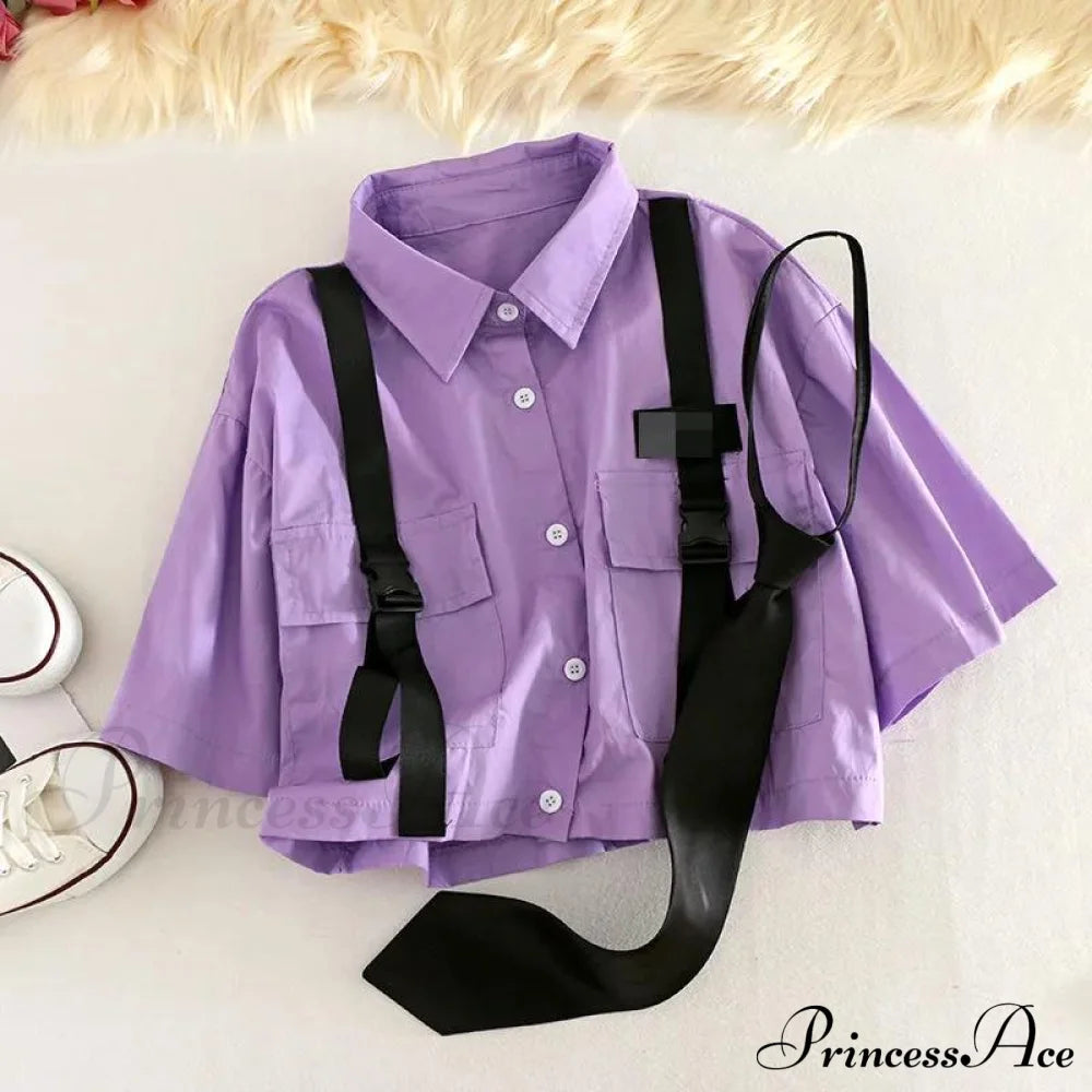 Pants Ribbon Autumn Blouse & Short-Sleeved High-Waist Streetwear Loose Cargo Straight Set Purple
