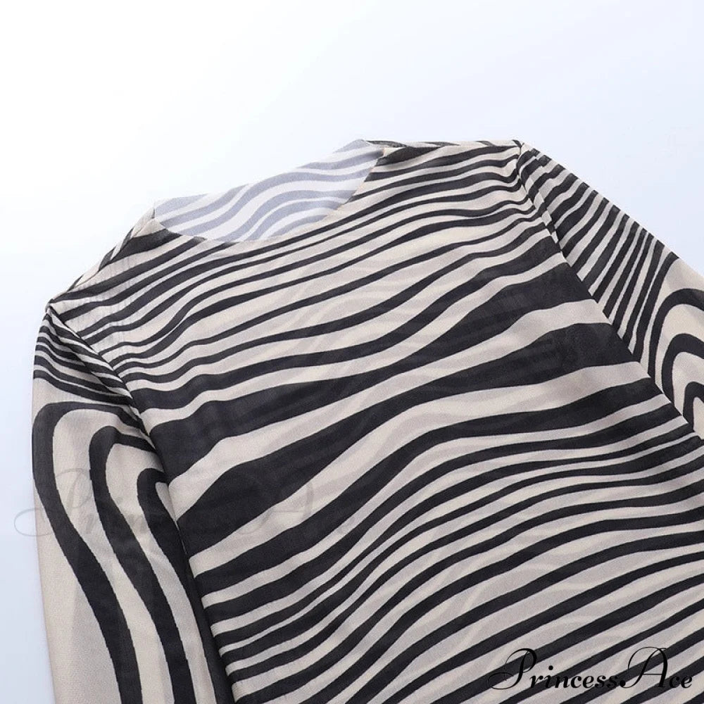 Pants Suit Sexy Costume Zebra Co-Ord Striped Tracksuit For Mesh + Set 2 T-Shirt Piece Long Autumn