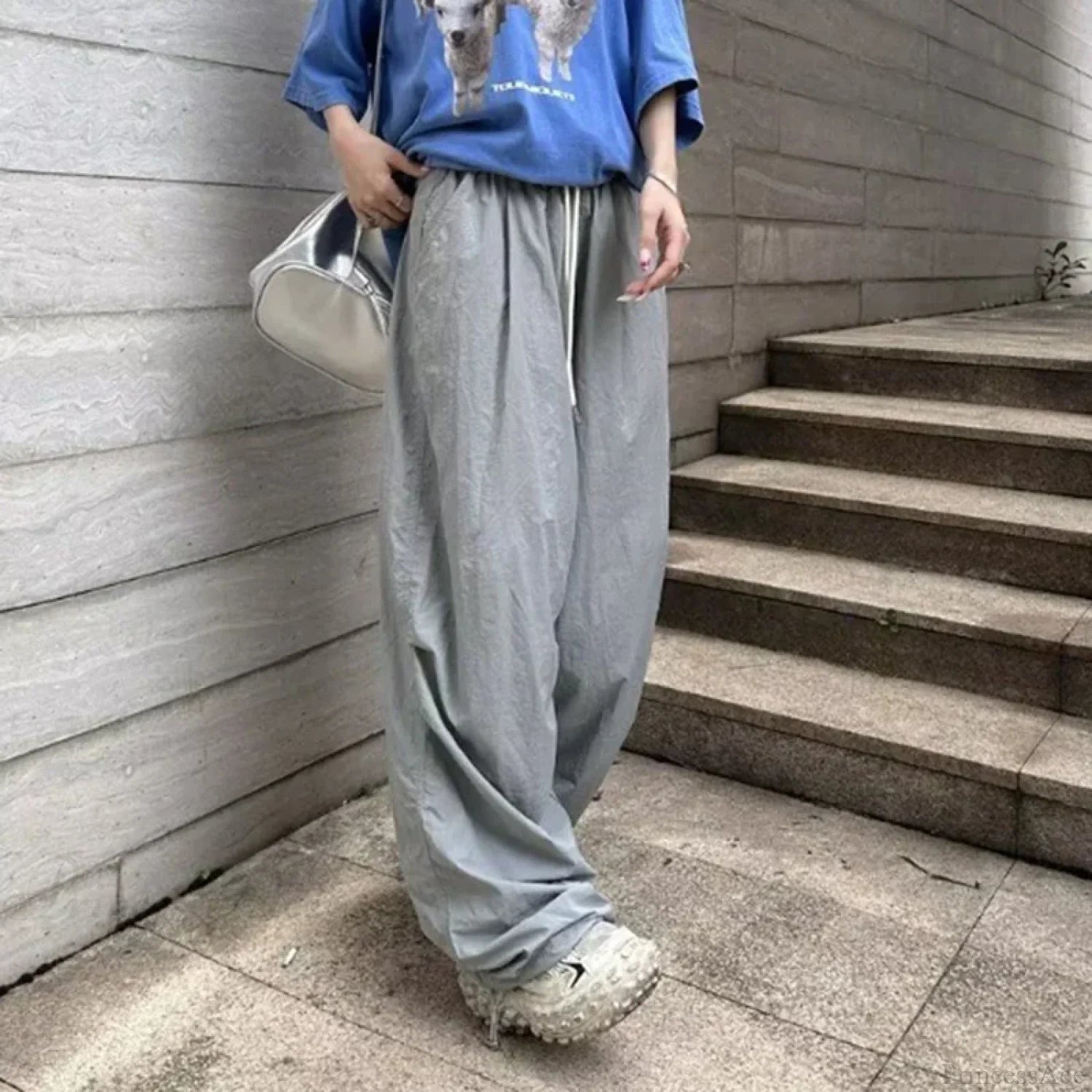 Parachute High Waist Drawstring Wide Leg Pant Gray / S pant-250223