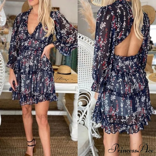 Party Gown Harlow Backless Design V-Neck Mini - Warm-Season Ruffle Women’s Flowered Dress Black / S