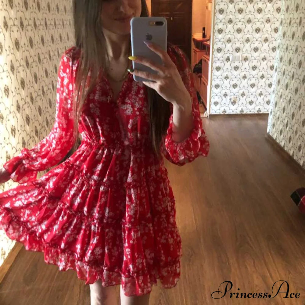 Party Gown Harlow Backless Design V-Neck Mini - Warm-Season Ruffle Women’s Flowered Dress Red / S