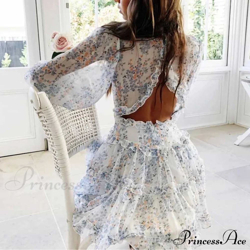 Party Gown Harlow Backless Design V-Neck Mini - Warm-Season Ruffle Women’s Flowered Dress