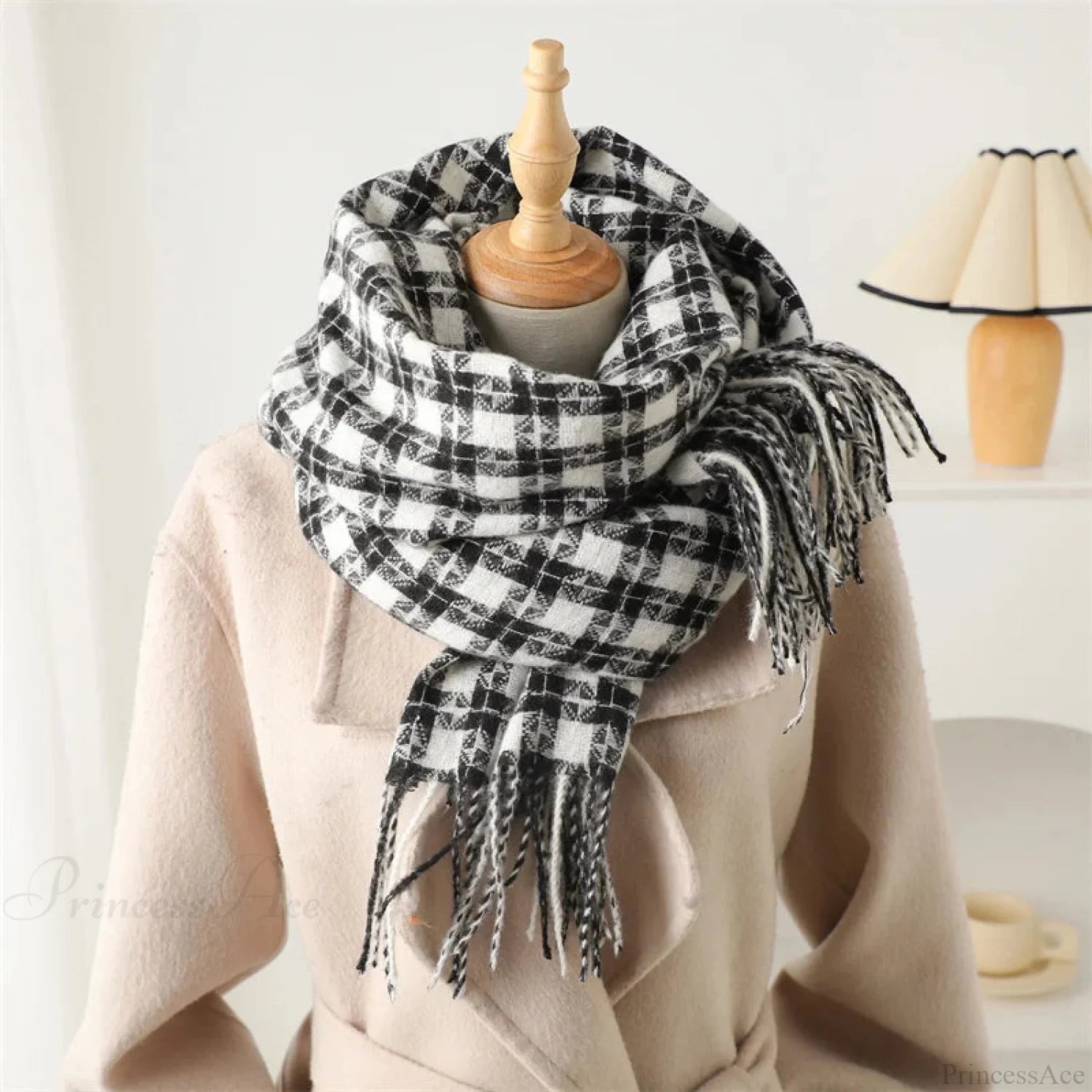Pashmina Tassel Plaid Cashmere-Like Warm Shawl Scarf Black Scarfs-L