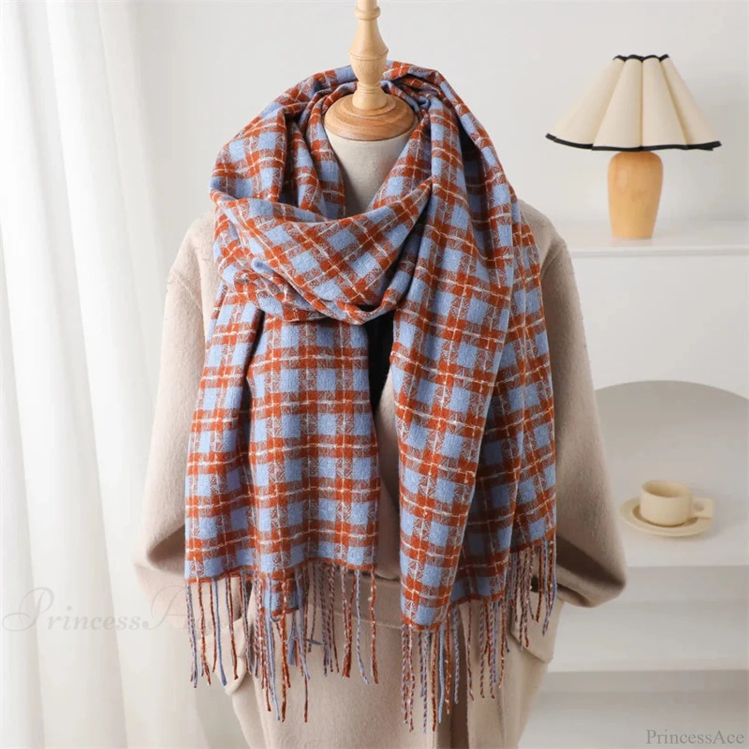 Pashmina Tassel Plaid Cashmere-Like Warm Shawl Scarf Blue Scarfs-L