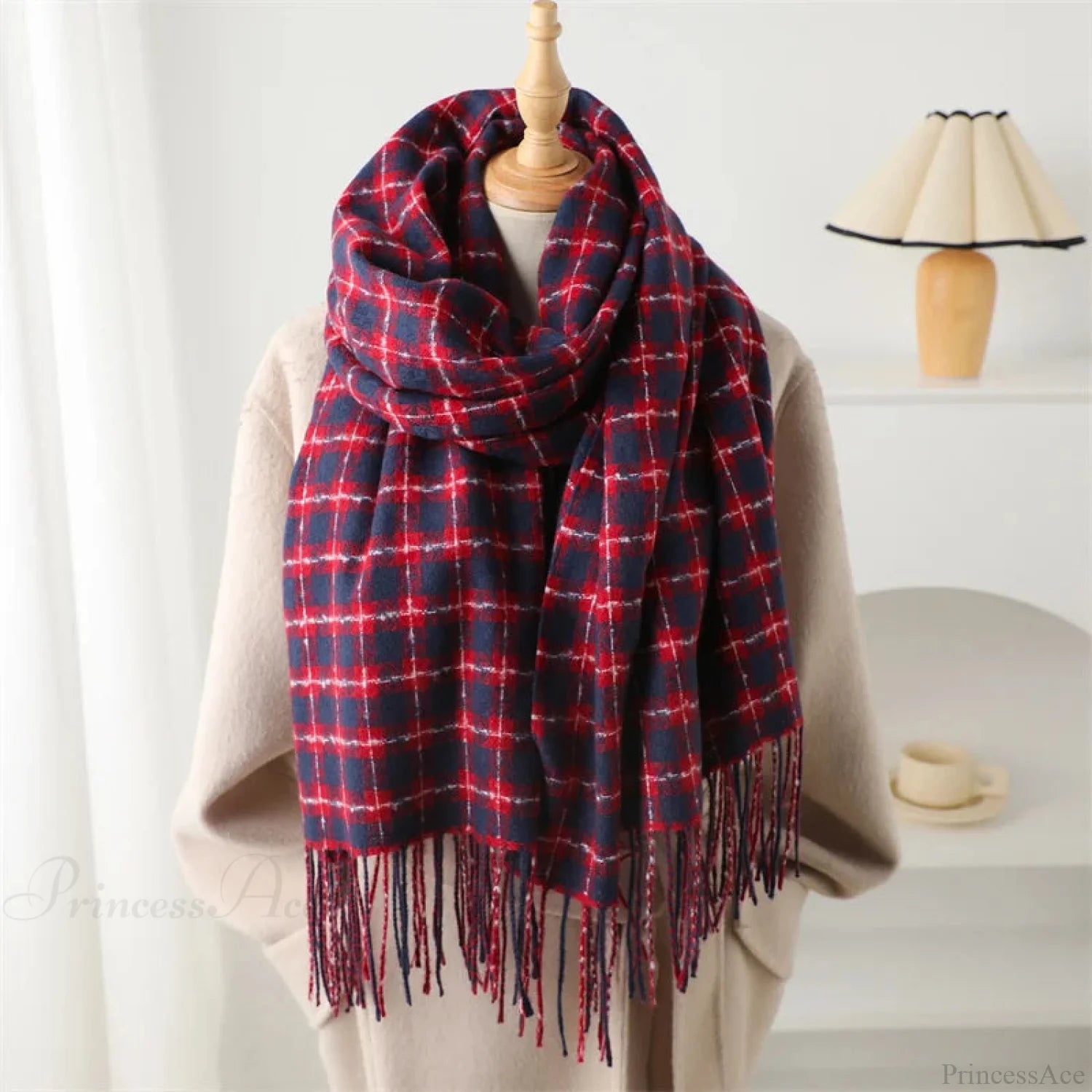 Pashmina Tassel Plaid Cashmere-Like Warm Shawl Scarf Red Scarfs-L