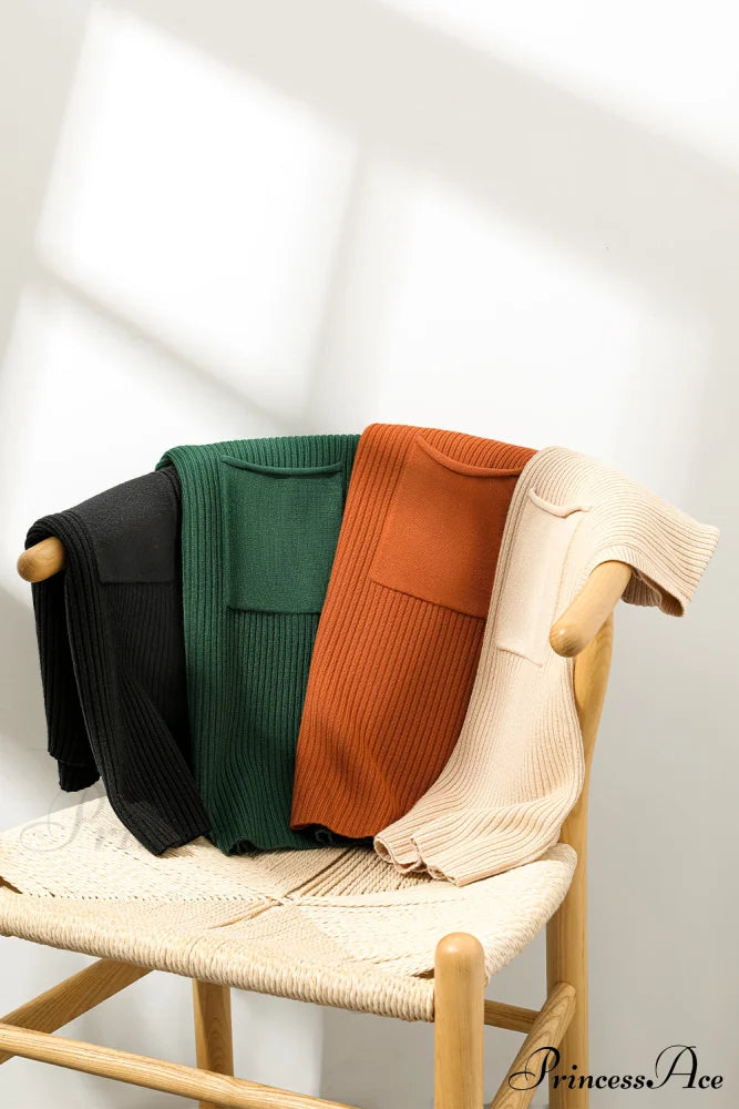 Patch Ribbed Knit Pocket Arm Black Brief Green Sweater Tops