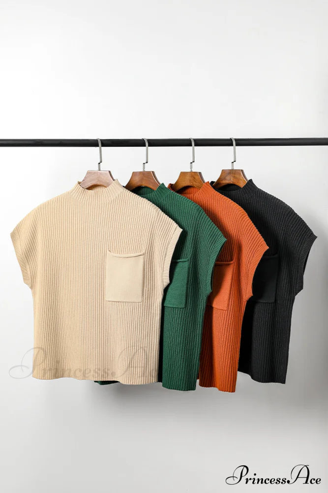 Patch Ribbed Knit Pocket Arm Black Brief Green Sweater Tops