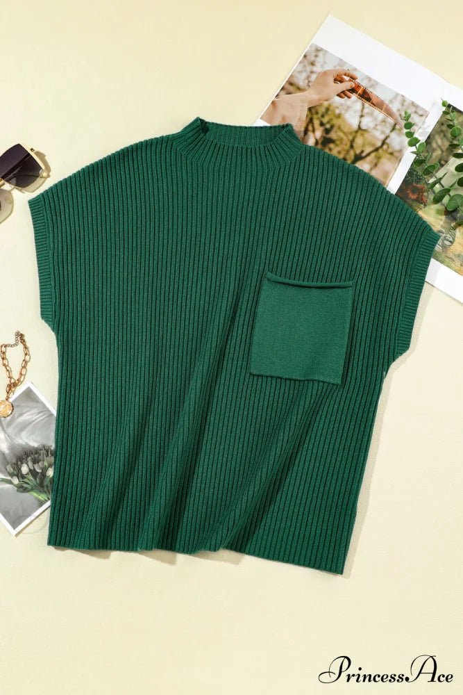 Patch Ribbed Knit Pocket Arm Black Brief Green Sweater Tops