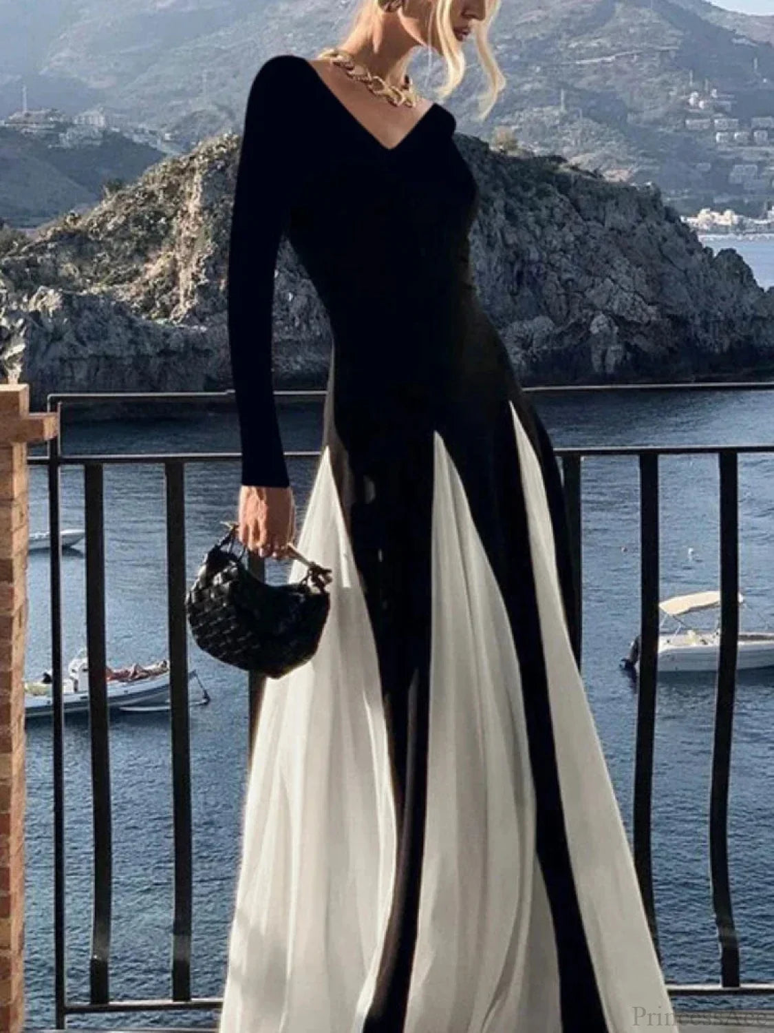 Patchwork Border Long Sleeve Full-Length Dress Black / S