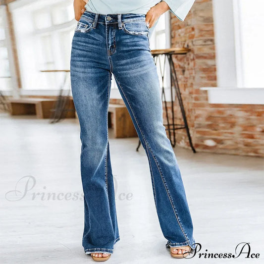 Patchwork Flared Vintage High Stretch Casual Denim Jean Blue / S