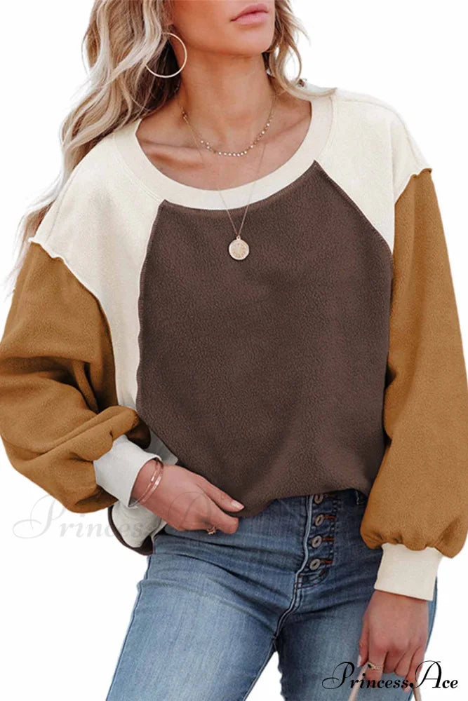 Patchwork Fleece Long Sleeve Sweatshirt Brown / S Sweatshirts