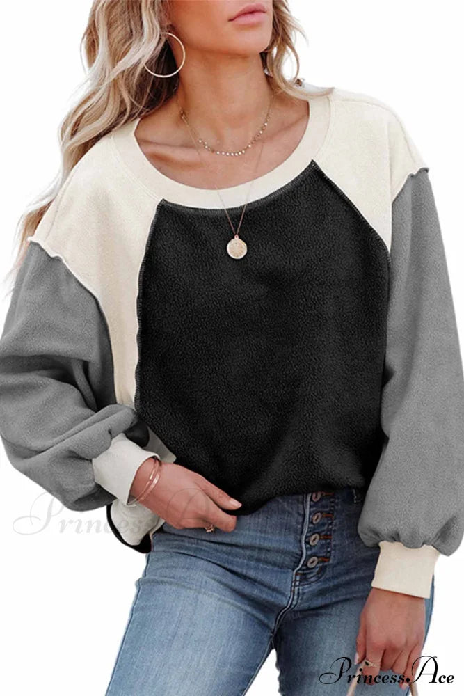 Patchwork Fleece Long Sleeve Sweatshirt Grey / S Sweatshirts