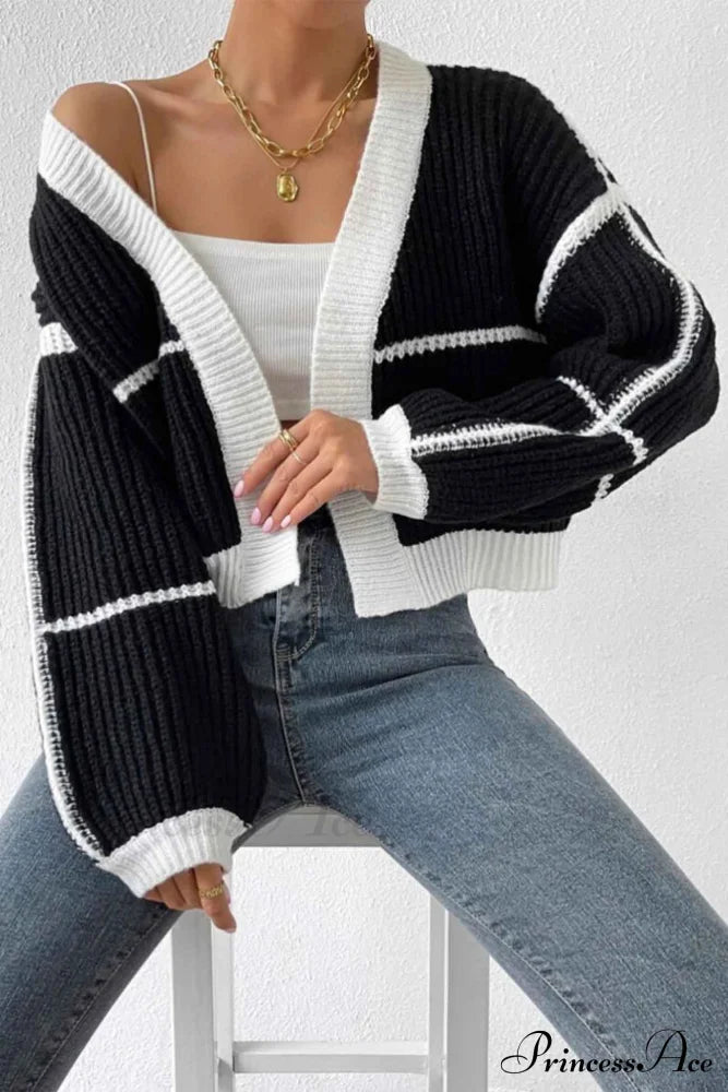 Patchwork Knit Long Sleeve Open-Front Cardigan Black / S Cardigans