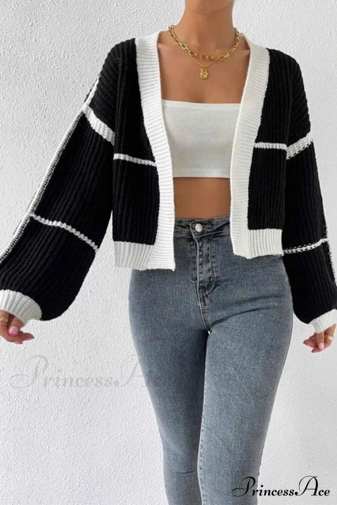 Patchwork Knit Long Sleeve Open-Front Cardigan Cardigans