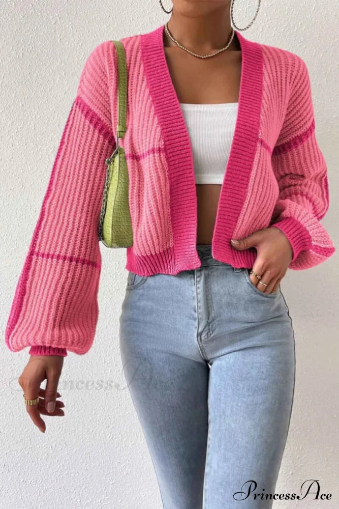 Patchwork Knit Long Sleeve Open-Front Cardigan Pink / L Cardigans