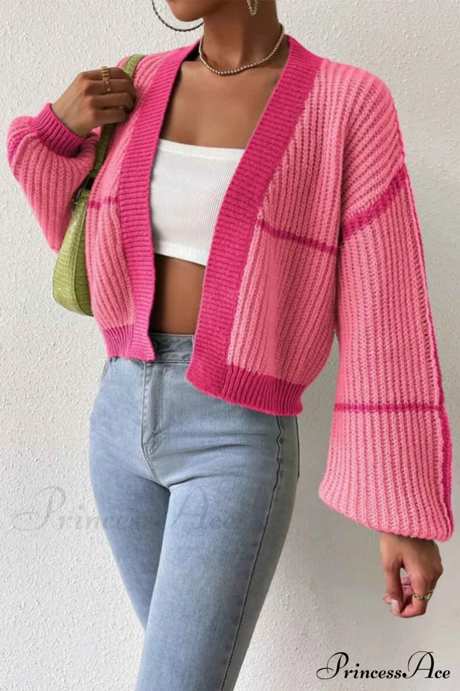 Patchwork Knit Long Sleeve Open-Front Cardigan Pink / M Cardigans