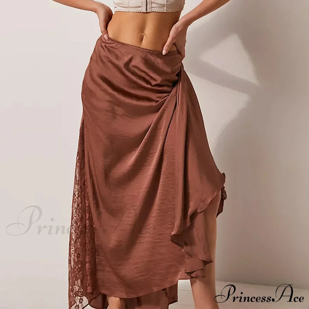 Patchwork Lace Midi Low Waist Summer Skirt Brown / S