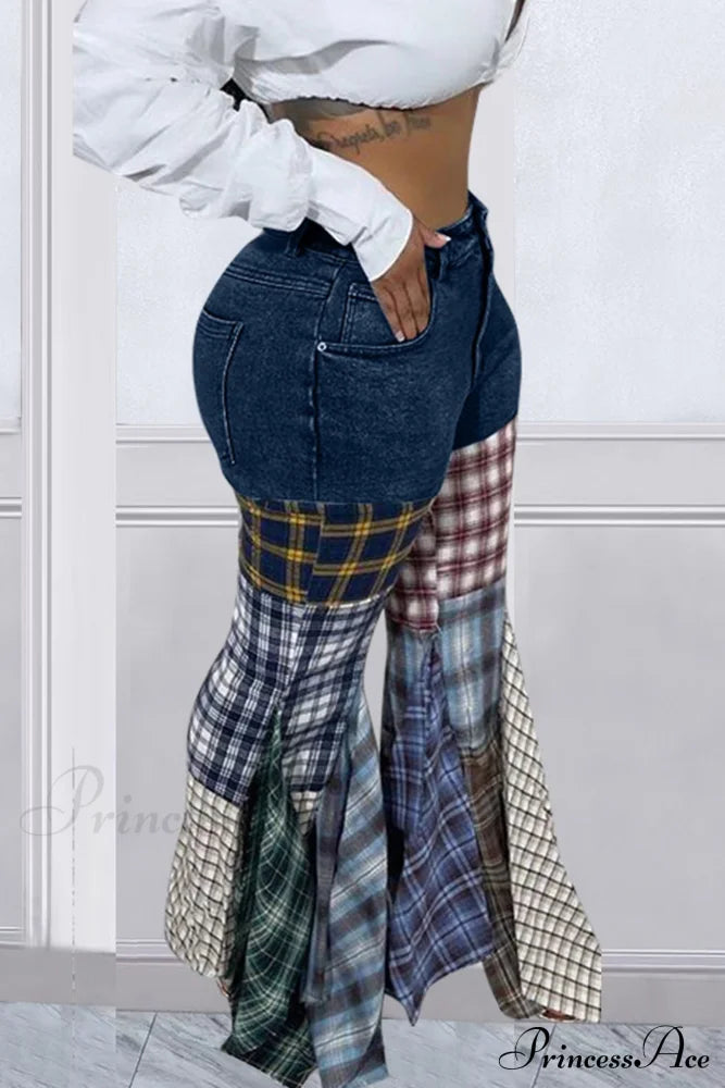 Patchwork Mid-Waisted Flares Jeans Dark Blue / Xl Pants