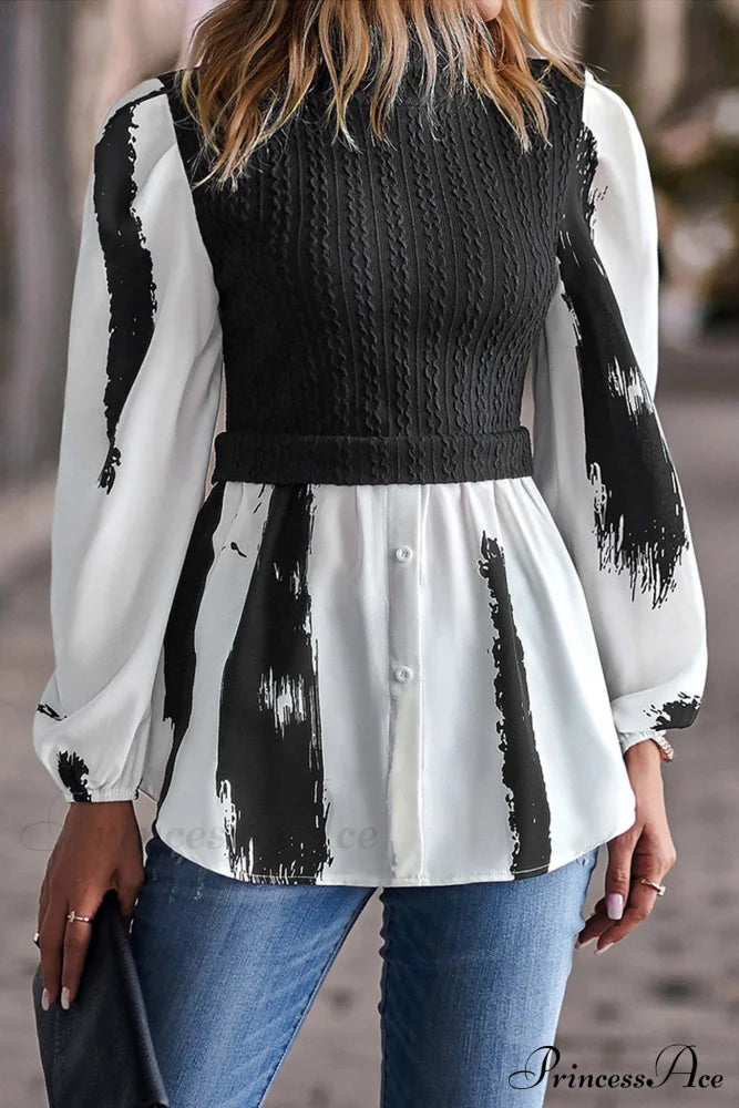 Patchwork Mock Neck Knit Shirt Tops Black / L Blouses